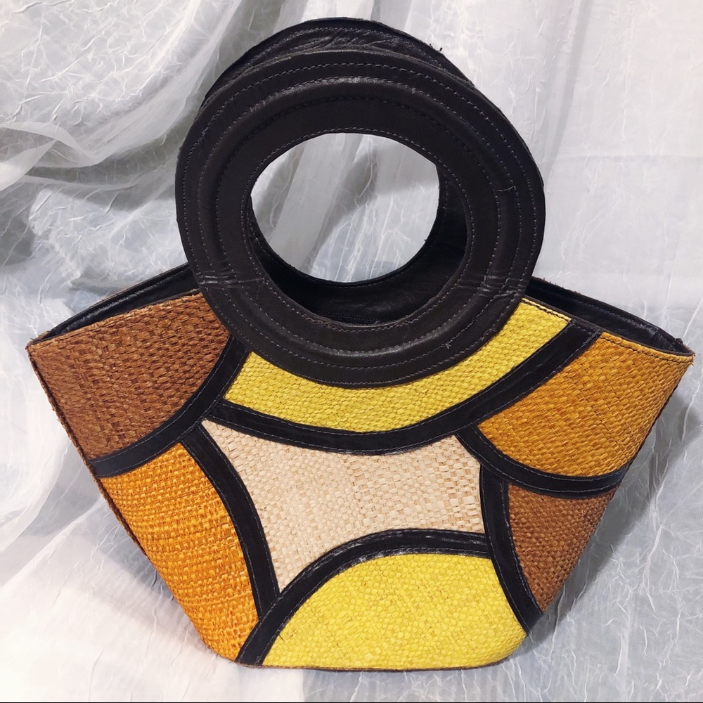 Orange and Yellow Straw Geometrical Purse